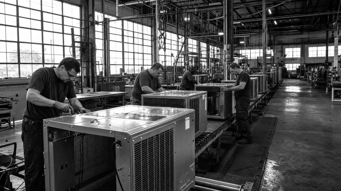 Dokumentarische SW-Aufnahme einer HVAC-Fertigungslinie mit Arbeitern