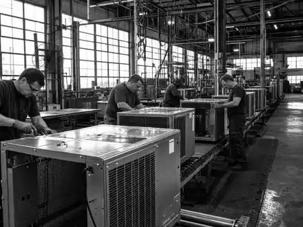 Trane Technologies (IE00BK9ZQ967): Schwarzweiß-Reportage zeigt Arbeiter bei Montage von Klimaanlagen in Fabrikhalle - Foto: THN