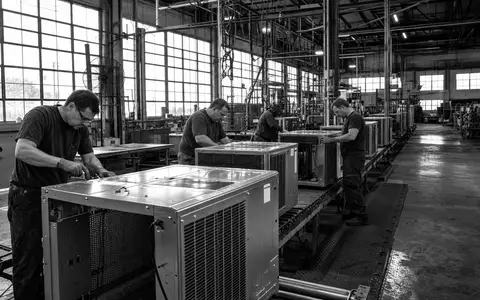 Trane Technologies (IE00BK9ZQ967): Schwarzweiß-Reportage zeigt Arbeiter bei Montage von Klimaanlagen in Fabrikhalle - Foto: THN