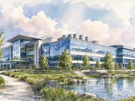 Trane Technologies (IE00BK9ZQ967): Aquarellmalerei zeigt eine moderne Firmenzentrale mit Dach-Kühltürmen und weitläufiger grüner Parkanlage - Foto: THN