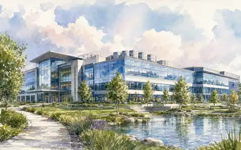 Trane Technologies (IE00BK9ZQ967): Aquarellmalerei zeigt eine moderne Firmenzentrale mit Dach-Kühltürmen und weitläufiger grüner Parkanlage - Foto: THN