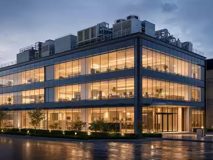 Trane Technologies (IE00BK9ZQ967): Architektur-Render eines Glasgebäudes mit sichtbaren Klimaanlagen und Kühlaggregaten auf dem Dach - Foto: THN