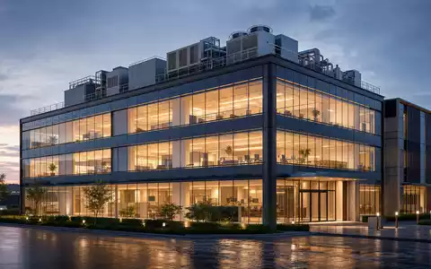 Trane Technologies (IE00BK9ZQ967): Architektur-Render eines Glasgebäudes mit sichtbaren Klimaanlagen und Kühlaggregaten auf dem Dach - Foto: THN