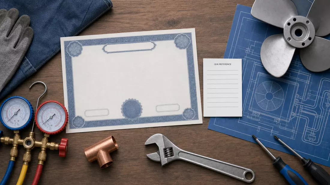 Flatlay aus Aktienzertifikat, ISIN-Karte und HVAC-Werkzeugen auf Holztisch