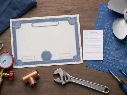Trane Technologies (IE00BK9ZQ967): Flatlay zeigt Aktienzertifikat, ISIN-Referenzkarte und typische Werkzeuge der Klimatechnik-Branche übersichtlich arrangiert - Foto: THN