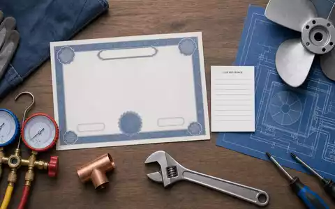 Trane Technologies (IE00BK9ZQ967): Flatlay zeigt Aktienzertifikat, ISIN-Referenzkarte und typische Werkzeuge der Klimatechnik-Branche übersichtlich arrangiert - Foto: THN