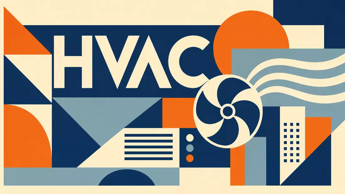 Geometrisches Bauhaus-Poster mit Ventilator-Motiv und Schriftzug HVAC