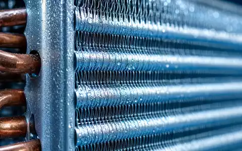 Trane Technologies (IE00BK9ZQ967): Makroaufnahme zeigt einen Kühlrippen-Wärmetauscher mit glänzenden Kupferrohren und feinen Kondenswassertropfen - Foto: THN
