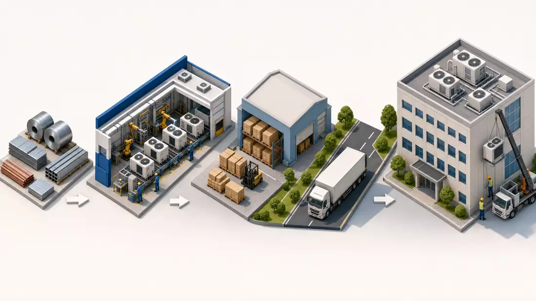 Isometrisches Diagramm der HVAC-Wertschöpfungskette von Fabrik bis Gebäudeinstallation