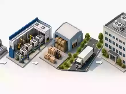 Trane Technologies (IE00BK9ZQ967): Isometrische 3D-Grafik zeigt Wertschöpfungskette der Klimatechnik von Produktion bis Installation - Foto: THN