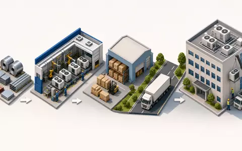Trane Technologies (IE00BK9ZQ967): Isometrische 3D-Grafik zeigt Wertschöpfungskette der Klimatechnik von Produktion bis Installation - Foto: THN