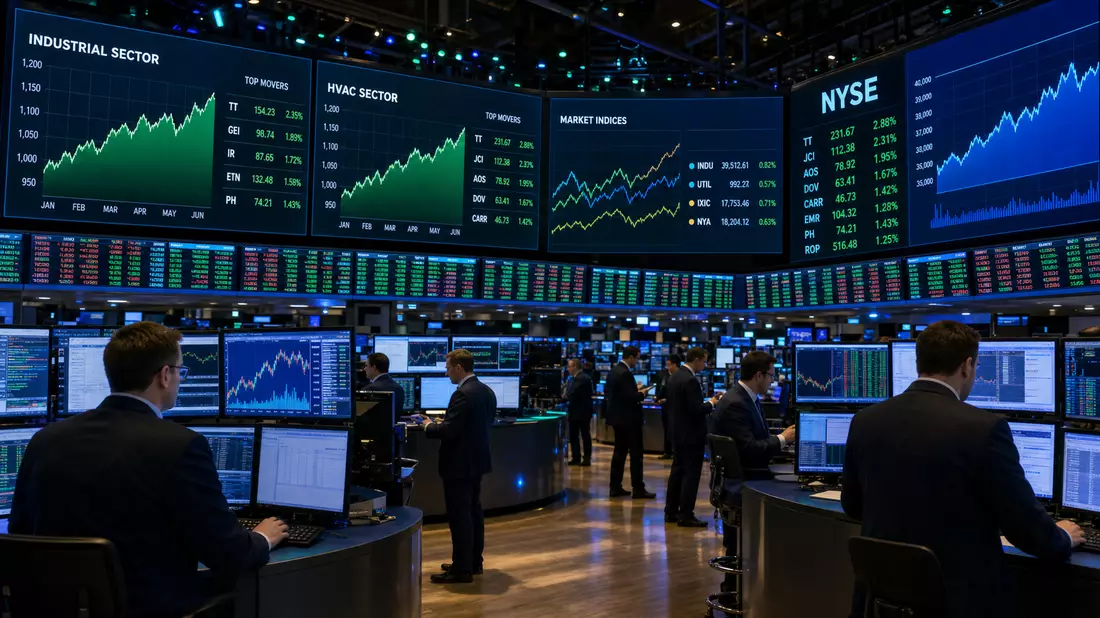 Trading-Floor mit Bildschirmen und Charts zum Industrial- und HVAC-Sektor an der NYSE