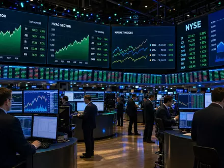 Trane Technologies (IE00BK9ZQ967): Börsen-Editorial zeigt Trading-Floor der NYSE mit HVAC-Sektor-Charts auf Bildschirmen - Foto: THN