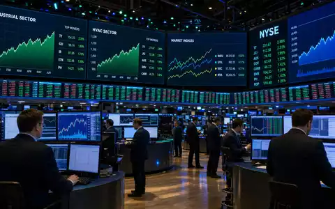 Trane Technologies (IE00BK9ZQ967): Börsen-Editorial zeigt Trading-Floor der NYSE mit HVAC-Sektor-Charts auf Bildschirmen - Foto: THN