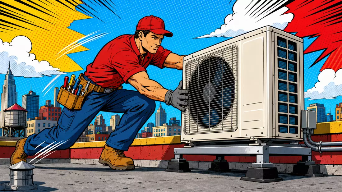 Bunte Pop-Art-Comicszene eines Technikers bei Installation einer Klimaanlage