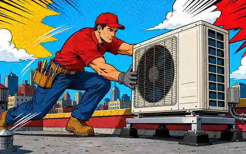 Trane Technologies (IE00BK9ZQ967): Pop-Art-Comic zeigt Techniker beim Installieren einer Klimaanlage auf Hausdach - Foto: THN