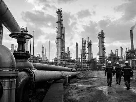 SchwarzweiĂź-Reportage zeigt Raffineriearbeiter bei TotalEnergies SE (ISIN FR0000120271), dokumentarischer Stil industrieller Ă–l-Produktion - Foto: THN