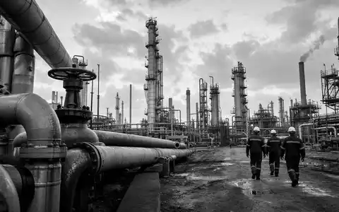 Schwarzweiß-Reportage zeigt Raffineriearbeiter bei TotalEnergies SE (ISIN FR0000120271), dokumentarischer Stil industrieller Öl-Produktion - Foto: THN
