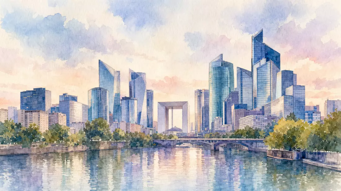 Aquarellbild der Glastürme von La Défense mit Fluss im Vordergrund