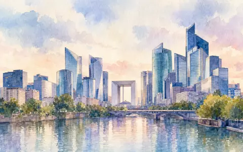 Aquarellmalerei des La-Défense-Viertels symbolisiert den Pariser Sitz von TotalEnergies SE, ISIN FR0000120271, an der Seine - Foto: THN