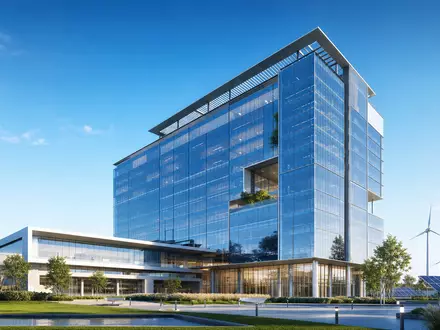 Architektur-Render einer modernen Konzernzentrale visualisiert Wachstum von TotalEnergies SE, ISIN FR0000120271, mit Windturbinen im Hintergrund - Foto: THN