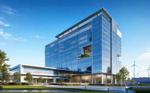Architektur-Render einer modernen Konzernzentrale visualisiert Wachstum von TotalEnergies SE, ISIN FR0000120271, mit Windturbinen im Hintergrund - Foto: THN