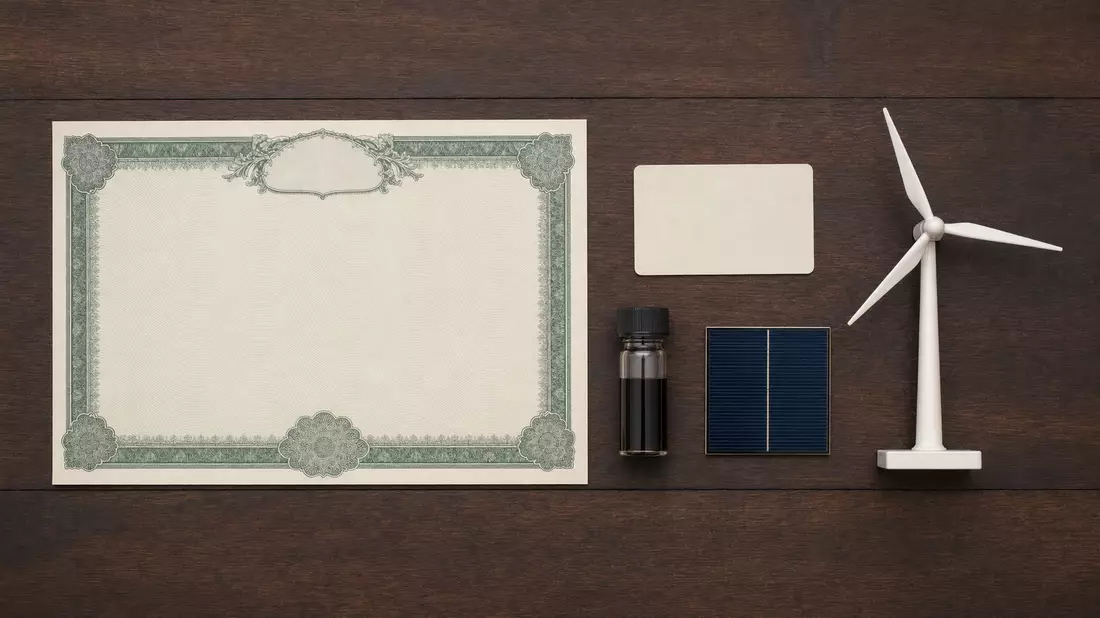 Flatlay mit Aktienzertifikat, ISIN-Karte, Ölprobe und Windrad-Modell