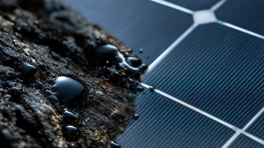 Nahaufnahme von Öltropfen auf Fels neben einer texturierten Solarzelle