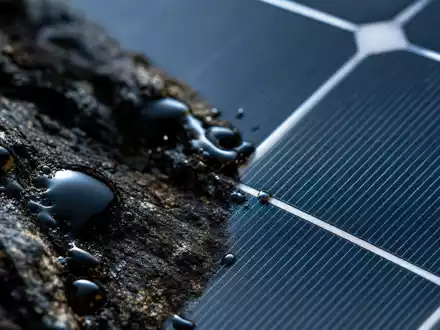 Makroaufnahme von Rohöltropfen neben Solarzelle illustriert das duale Geschäftsmodell von TotalEnergies SE, ISIN FR0000120271, treffend - Foto: THN
