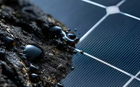 Makroaufnahme von Rohöltropfen neben Solarzelle illustriert das duale Geschäftsmodell von TotalEnergies SE, ISIN FR0000120271, treffend - Foto: THN