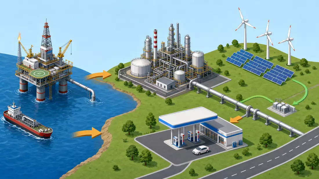 Isometrische Grafik von Bohrinsel, Raffinerie, Tankstelle und Windpark