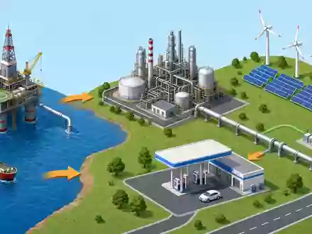 Isometrisches Diagramm zeigt Wertschöpfungskette von TotalEnergies SE, ISIN FR0000120271, von Bohrinsel bis Windpark - Foto: THN