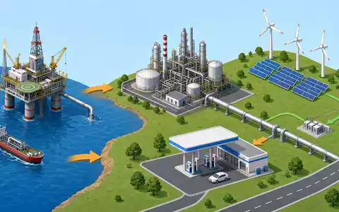 Isometrisches Diagramm zeigt Wertschöpfungskette von TotalEnergies SE, ISIN FR0000120271, von Bohrinsel bis Windpark - Foto: THN