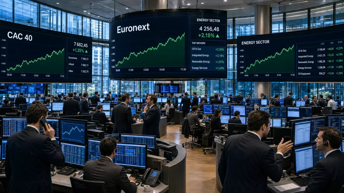 Trading-Floor mit Bildschirmen zu CAC 40, Euronext und Energiewerten