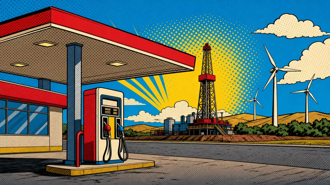 Bunte Comic-Illustration einer Tankstelle mit Bohrturm und Windrädern