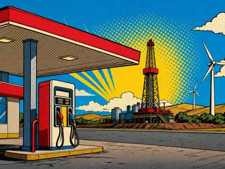 Pop-Art-Comic mit Tankstelle, Bohrturm und Windrädern verbildlicht spielerisch das Energieportfolio von TotalEnergies SE, ISIN FR0000120271 - Foto: THN