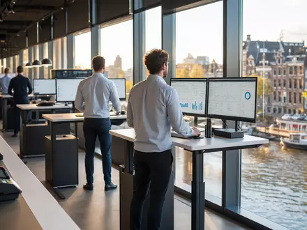Adyen N.V. NL0012969182 zeigt modernes Fintech Büro Amsterdam mit Payment Terminals und Kanal - Foto: THN