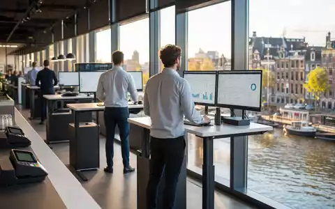 Adyen N.V. NL0012969182 zeigt modernes Fintech Büro Amsterdam mit Payment Terminals und Kanal - Foto: THN