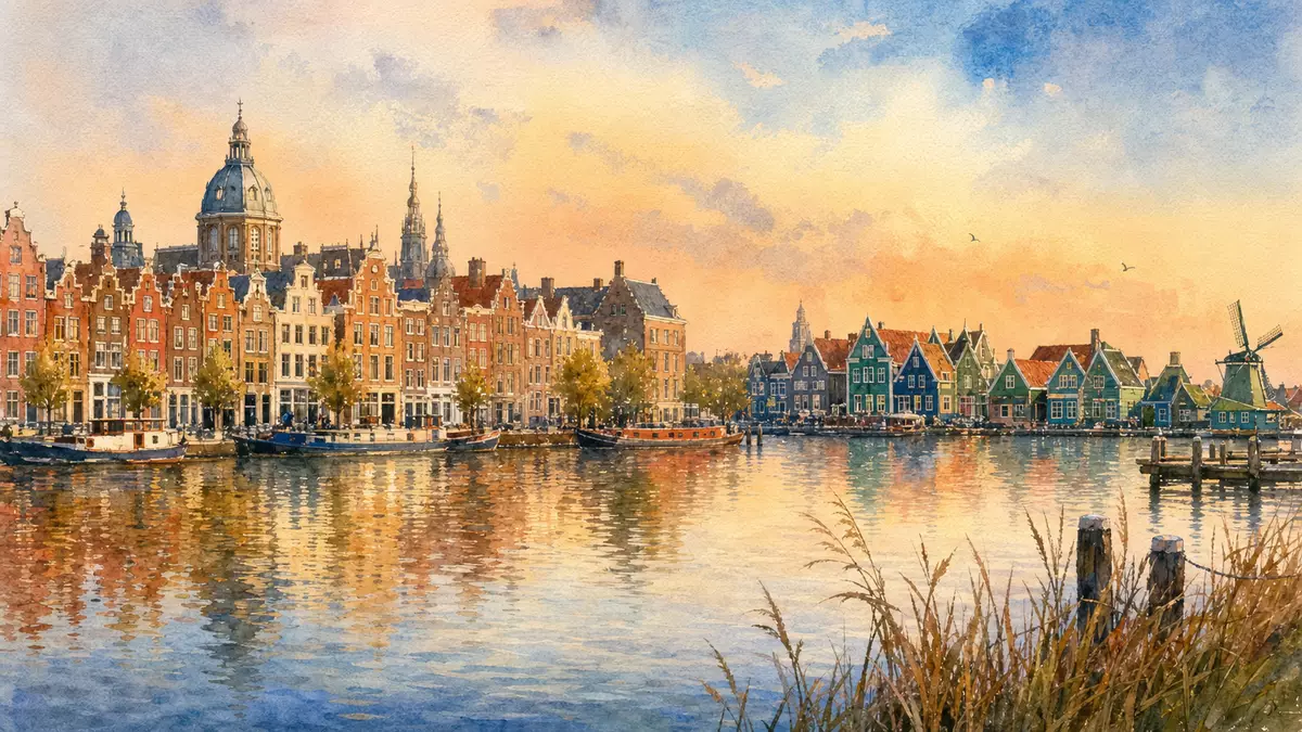 Aquarell Amsterdam Skyline und Zaandam Farbhäuser am Wasser – Adyen N.V. NL0012969182