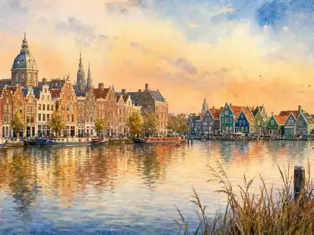 Adyen N.V. NL0012969182 Aquarell Amsterdam Skyline mit Zaandam Häusern Windmühle bei Sonnenuntergang - Foto: THN