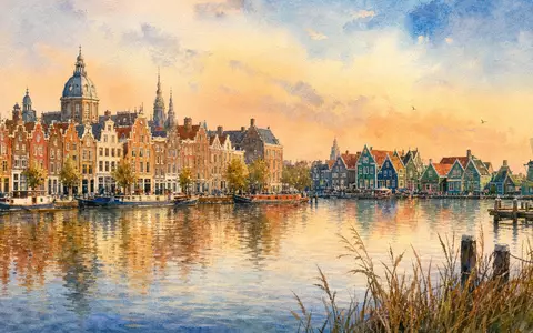 Adyen N.V. NL0012969182 Aquarell Amsterdam Skyline mit Zaandam Häusern Windmühle bei Sonnenuntergang - Foto: THN