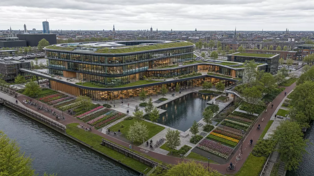 Architektur-Render Fintech-Campus Amsterdam Glasgebäude Vogelperspektive – Adyen N.V. NL0012969182