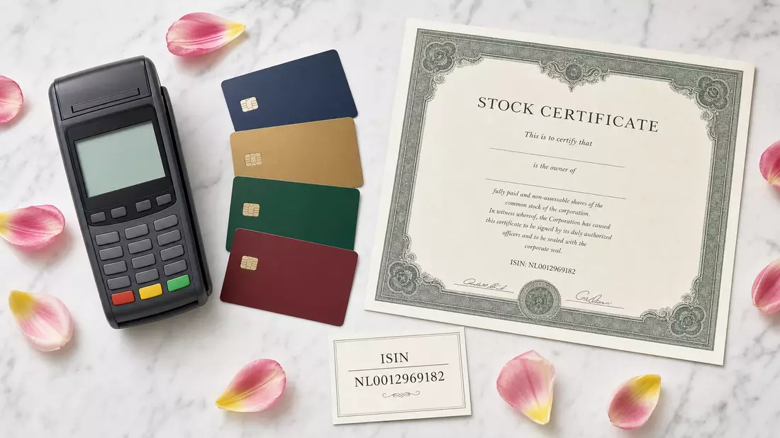 Flatlay Payment-Terminal Kreditkarten Aktienzertifikat ISIN NL0012969182 auf Marmor