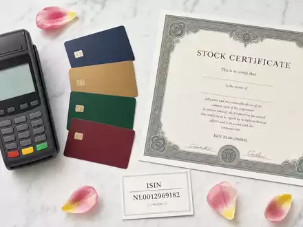 Adyen N.V. NL0012969182 Flatlay Karten Terminal Kreditkarten Aktien Zertifikat ISIN Karte Marmor - Foto: THN