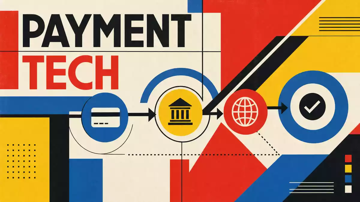 Bauhaus-Poster PAYMENT TECH geometrische Formen Primärfarben Konstruktivismus – Adyen N.V. NL0012969182