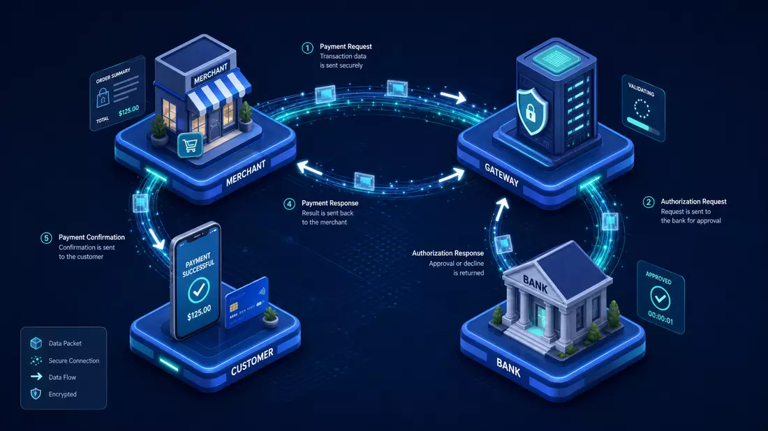 Isometrisches 3D Payment-Flow Merchant Gateway Bank Customer leuchtend – Adyen N.V. NL0012969182
