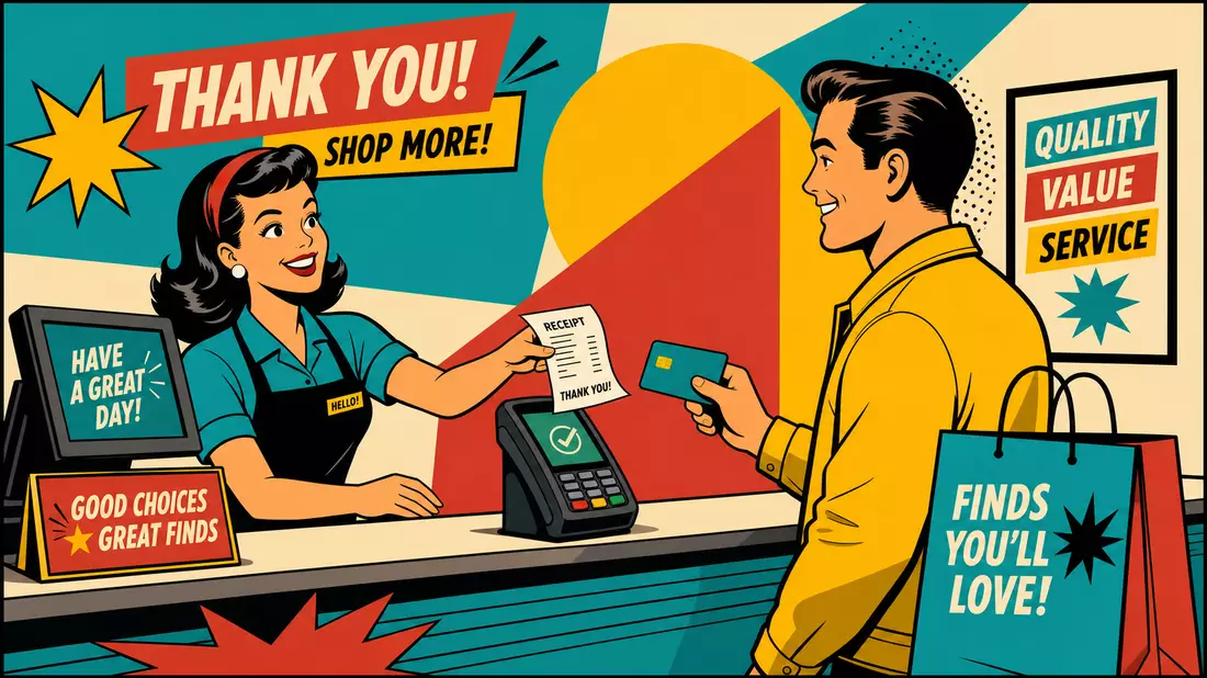 Pop-Art Retro-Comic Kassiererin und Kunde mit Kreditkarte Zahlung bunt – Adyen N.V. NL0012969182
