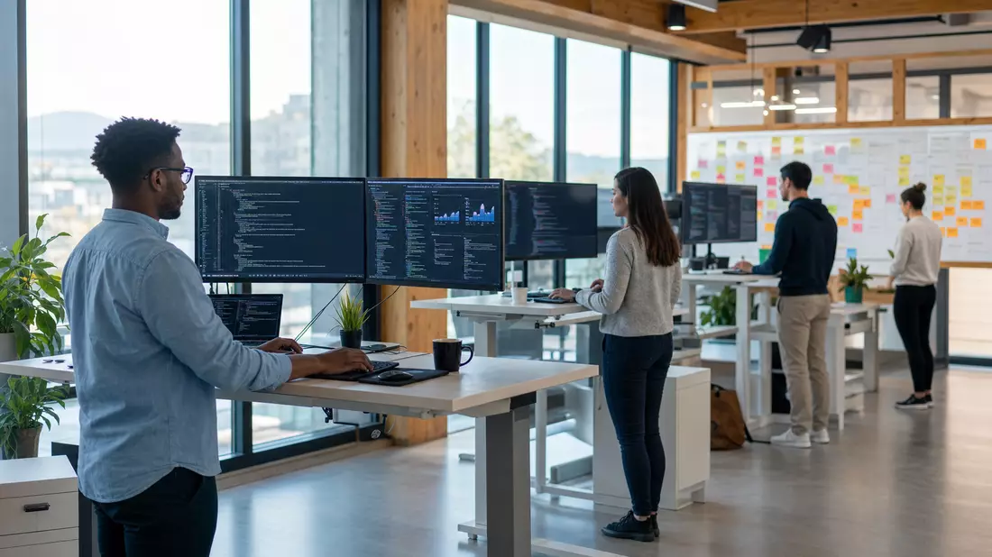 Modernes Open-Space Büro mit Softwareentwicklern an Monitoren, adesso SE