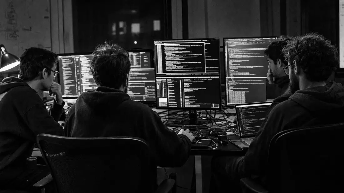 Schwarzweiß-Reportage: Programmierer-Team an Bildschirmen mit Code