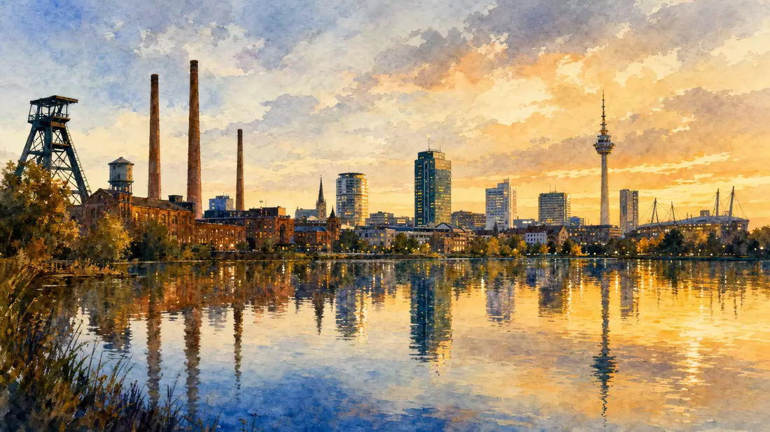 Aquarell-Panorama: Dortmunder Skyline spiegelt sich im Phoenix-See